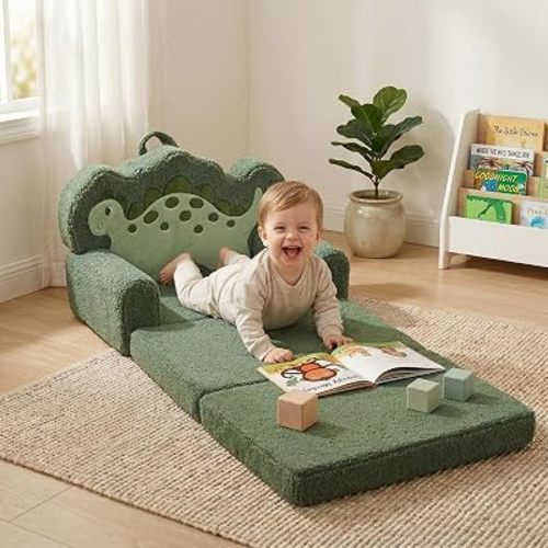 TinyPalsa Kids Couch, 2-in-1 Fold Out Comfy Chair, Large, Green Dinosaur