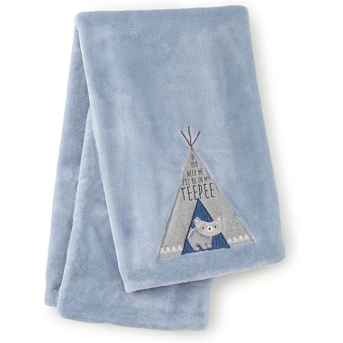 Levtex Baby - Trail Mix Plush Blanket - Appliqued and Embroidered Racoon on Blue Plush - Blue, Black, Grey - Nursery Accessories - Blanket Size: 30 x 40 in.