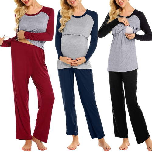 zaveiop Maternity Nursing Pajama Set Long Sleeve Top & Pants with Pockets Breastfeeding Sleepwear Double Layer Pregnancy (Black, M)