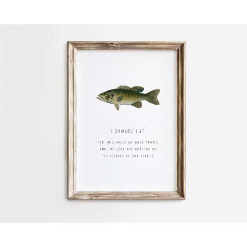 PRINTED Bass Fish Bible Verse Art, Fishing Theme Nursery Print, For this child we have prayed, Fisherman Baby Gift