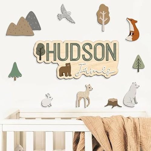 Personalized Name Sign For Nursery, Custom wooden 3D layered name sign, Woodland forest animal theme, Baby boys room, Kids bedroom, Baby shower, Rustic wood mountain wall decor