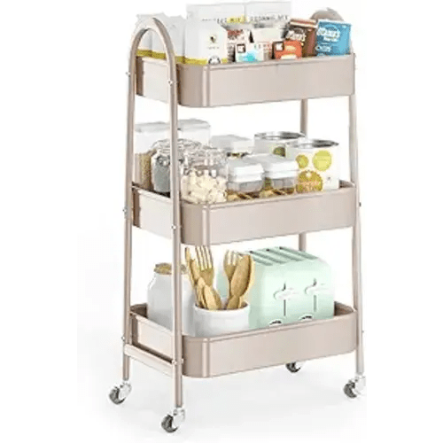 EAGMAK 3 Tier Utility Rolling Cart, Metal Storage Cart with Handle and Lockable Wheels, Multifunctional Storage Organizer Trolley with Mesh Baskets for Kitchen, Living Room, Office, Garage (Beige)