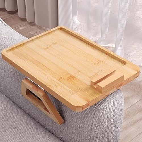Couch Arm Tray with 360°Phone,Bamboo Folding Sofa Tray,Sofa Armrest Trays Clip-On Couch Desk for Drinks,Snacks,Phone,Remote Control（Natural）