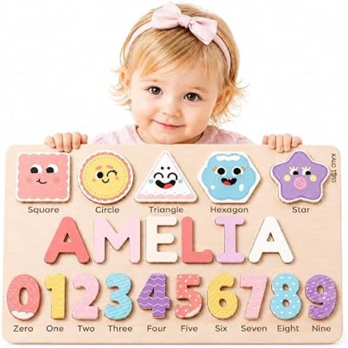 Personalized Name Puzzle for Toddlers 1-3, Custom Wooden Name Puzzle with Numbers and Shapes, 18 Art Sets, More Than Any Other, Baby Name Puzzle, Personalized Baby Gifts