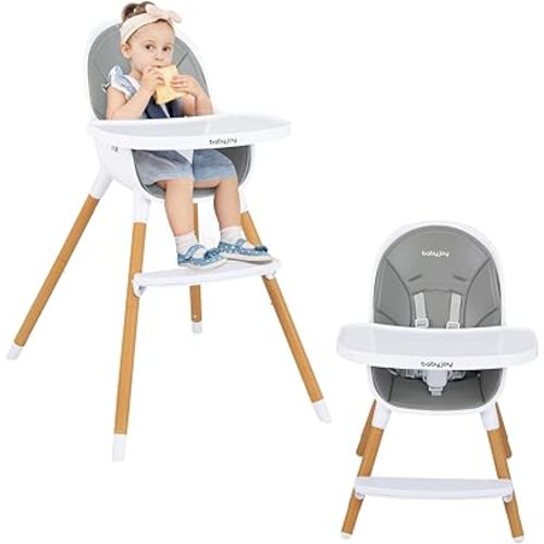 BABY JOY Silla alta convertible para bebé, trona 3 en 1 con patas ajustables, bandeja apta para lavavajillas, cojín de poliuretano desmontable, reposapiés, arnés de 5 puntos para bebés y niños