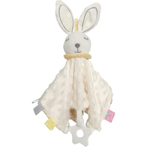Loveys for Babies Bunny Security Blanket with Silicone Teether Tags Unisex Lovie Gift for Infant and Toddler Snuggle Toy Stuffed Animal, White 11 inch
