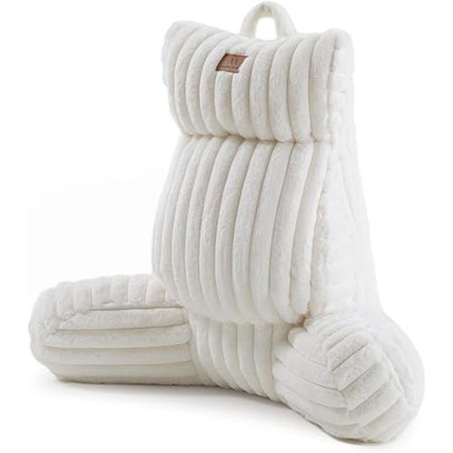 Amélie Home Faux Fur Reading Pillow with Pocket for Sitting in Bed, Adult Backrest Bed Pillow with Washable Cover for Lounging, Watching TV/Reading/Gaming/Resting/Post/Surgery/Nursing, Ivory 25 inches