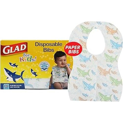 Glad for Kids Shark Paper Disposable Bibs with Crumb Catcher for Feeding - Absorbent and Leakproof Eating and Travel Must Haves for Mess-Free Meals, 30 Count