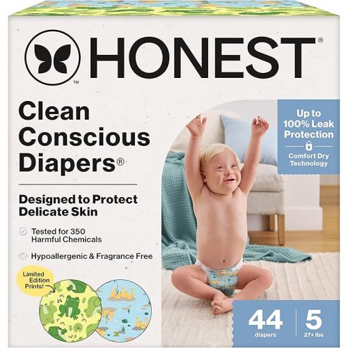 The Honest Company Clean Conscious Diapers®, Up to 100% Leak Protection, Designed to Protect Delicate Skin, Hypoallergenic + Fragrance-Free, UR Ribbiting + Waddle It Be, Club Box, Size 5, 44 Count