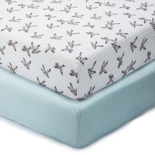 LollyBanks Muslin Crib Sheets 2 Pack, Soft and Breathable Baby Crib Sheets for Standard 52 x 28 inches Mattress, 100% Cotton Neutral Baby Bed Sheet, Infant Registry (Mallard Duck and Solid Green)