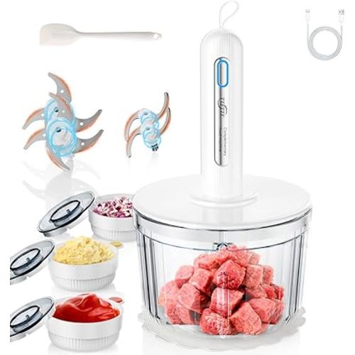 Glass Food Processor with 4 Blades & 4 Bowls (8 Cup + 3x0.5 Cup), Small Food Processor& Meat Grinder - Compact Design for Meal Prep, Baby Food, Sauces - Dishwasher Safe