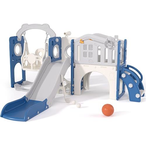 11-in-1 Toddler Slide and Swing Set for Ages 1-3, Toddlers Outdoor Playset with Tunnel, Climber, Aisle, Dinosaur Maze, Hide & Seek, Telescope, Ring Toss, Golf & Basketball (Blue Gray, 11-in-1)