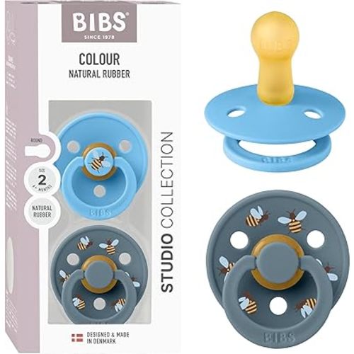 BIBS Colour Studio Soother 2-Pack, BPA Free Dummy Pacifier, Round Nipple. Natural Rubber Latex, Made in Denmark, Size 2 (6-18 Months), Breeze/Petrol