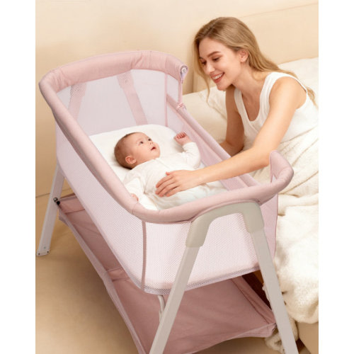 Latitude Run® Bedside Baby Bassinet Sleeper With Mattress, Storage Basket And Locking Wheels, Full Mesh Sides, Portable Mini Crib For Newborns,Pink | Wayfair