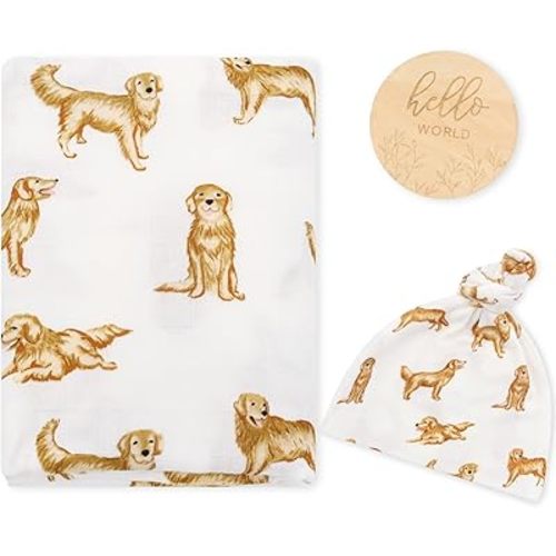LifeTree Muslin Swaddle Blankets, Muslin Baby Boy Swaddle Blanket and Hat Set with Birth Announcement Card, Newborn Unisex Neutral Receiving Blankets Golden Retriever Pattern