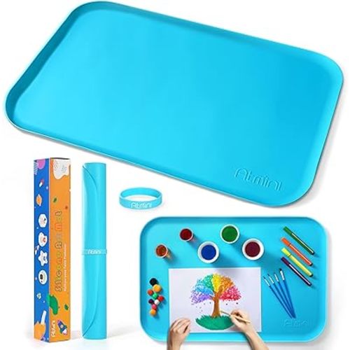 AtMini Silicone Craft Mats for Kids 24"x16"– with Raised Lip & Non-Slip | Reusable Silicone Art Mat for Play Sand, Painting, DIY Crafts | Durable Design (Blue)