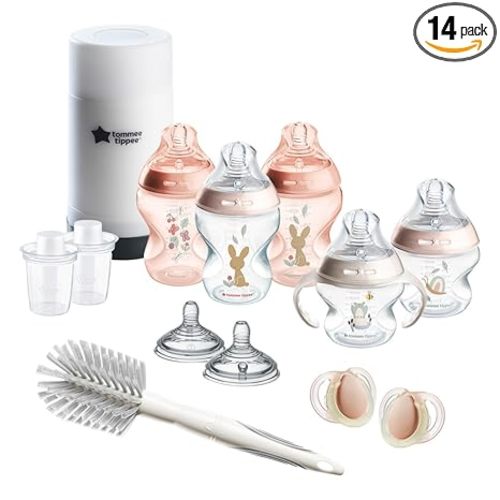Tommee Tippee Natural Start 14 Piece Baby Bottle, Travel Bottle Warmer & Pacifier Set, 5 BPA Free Bottles, 0+ Months, 2 Newborn Pacifiers, 2 Extra Nipples, 2 Formula Dispensers, Bottle Brush, Pink