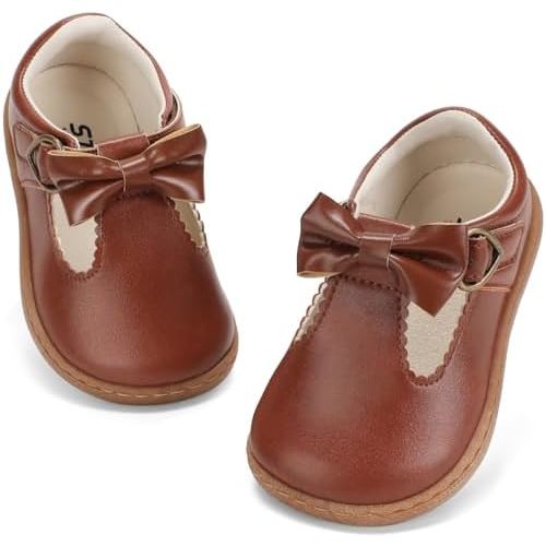 STQ Toddler Girls Mary Jane Dress Shoes - Wide Toe Box & Zero Drop Sole for Healthy First Walking - Non-Slip T Strap Bow Ballet Flats for School Uniforms, Weddings & Parties