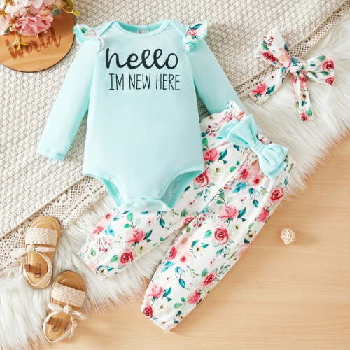 PatPat Baby Girl Clothes Floral Romper Long Sleeve Pants Headband Set Summer Winter Clothing for Newborn Infant Baby Girls Mint Mambo Mint Mambo Mint Mambo 0-3 Months