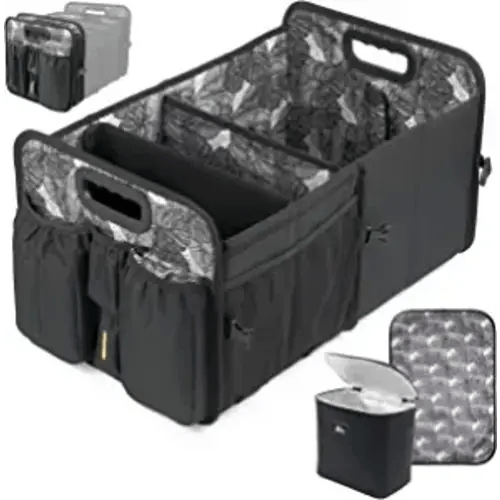 LALUKA Car Trunk Organizer Cooler and Lid - Seat Belt Front and Back | Bottle, Wipes Plastic Bag Pocket |Baby Diaper Caddy Changing Pad Station | SUV Backseat Car Kids Babies Storage Basket