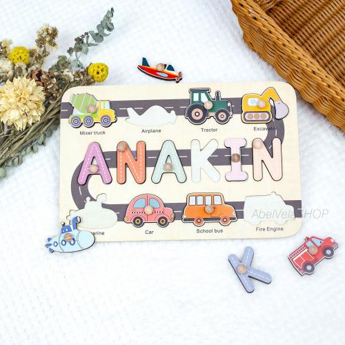 Personalized Car Theme Wooden Name Puzzle: Baby Birthday Gift