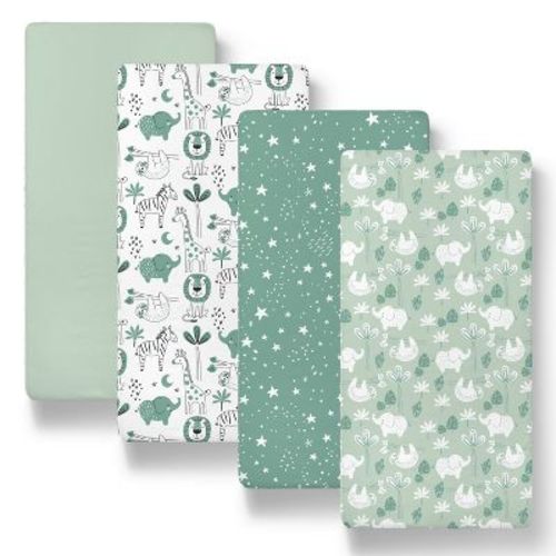 The Peanutshell Green Safari Bassinet Sheets, Green, 4-Pack