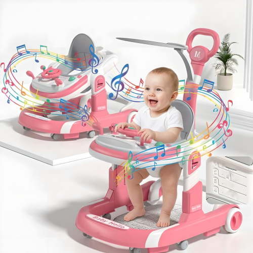 DuoBao 5-in-1 Baby Walkers With Bouncer, Removable Footrest, Feeding Tray & Music, Foldable & Adjustable Activity Walker For Boys And Girls,Ergonomic backrest Design Toddler Infant, Watermelon Red