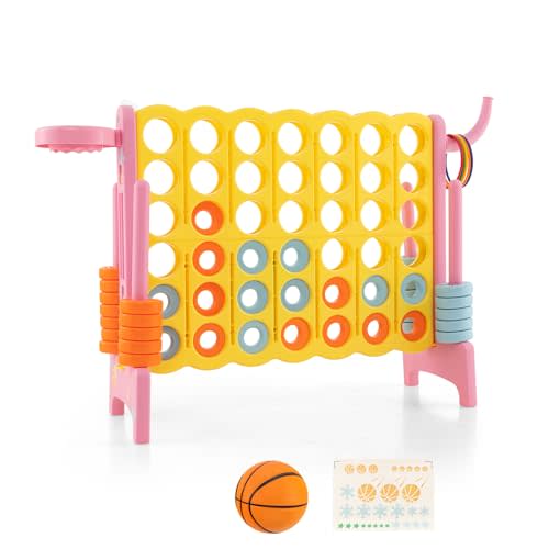 KOTEK Giant 4-in-a-Row, Jumbo Connect Yard Game Outdoor for Kids & Adults - 4-to-Score Family w/Quick-Release Sliders, 42 Rings, Ring Toss & Basketball Hoop (Without Carrying Bag, Pink)