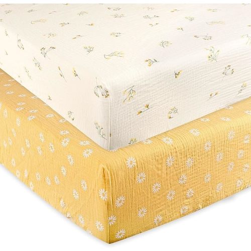Muslin Crib Sheets 2 Pack for Girl & Boy, HNHUAMING Soft and Breathable Baby Crib Sheet, Neutral Baby Sheets Fitted Standard Crib & Toddler Bed Mattress 52" X 28" (Daisy +Floral)