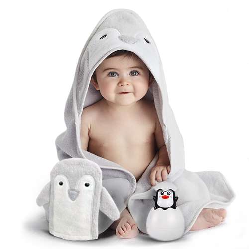 Happy & Sweet Personalized Baby Gift Set - Bamboo Hooded Penguin Bath Towel, Mitt Washcloth, and Squirt Bath Toy for Boys and Girls