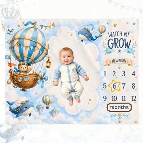 Hot Air Balloon Bear Baby Milestone Blanket, Sky Adventure Whale Floating Island 1-12 Months Growth Photography Backdrop, Blue Boy Gender Neutral Newborn Photo Prop, 50x40 Inch