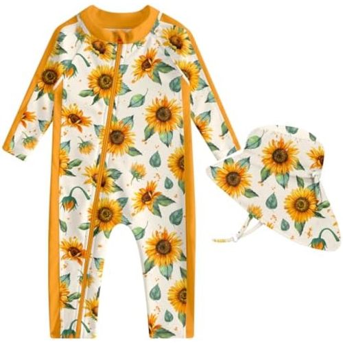UNIFACO Baby Boy Swimsuit UPF 50+ Sun Protection One Piece Zip Bathing Suit with Sun Hat Infant Sunsuit Swimwear