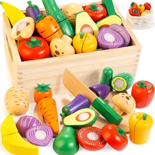 Wooden Play Food Set for Kids Kitchen | Cutting Veggies & Fruits Toy Food Set with Storage Case & Bag, Play Kitchen Accessories, Pretend Play Food for Toddlers 3+