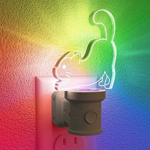 KINDEEP Cat Night Light Plug in, 10 Color Changing RGB Dimmable Nightlight with Dusk to Dawn Sensor, 3000K Soft White Night Lights for Kids, Nursery, Bedroom, Bathroom, Travel, Safe & Energy Efficient