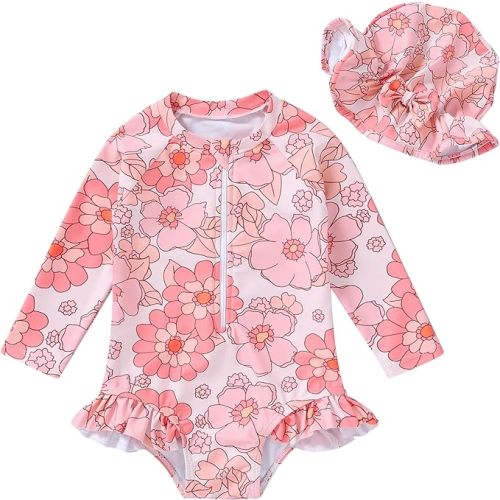 Infant Baby Girl Swimsuit One-Piece Long Sleeve Rash Guard with Hat Set Floral Zipper Bathing Suit Leopard Beach Wear