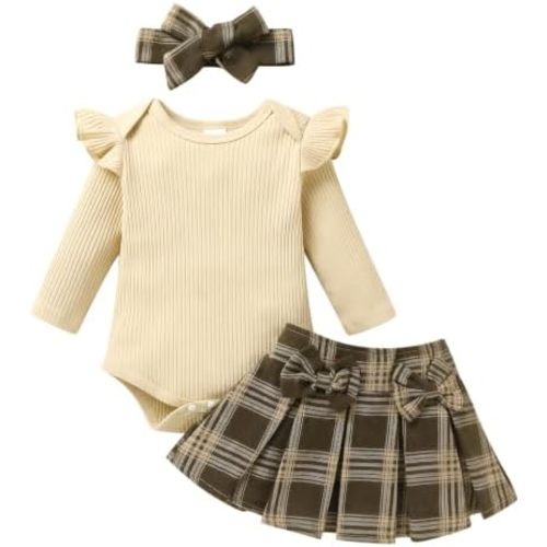 YOUNGER TREE Baby Girls Solid Romper Plaid Skirt Set with Bow & Headband