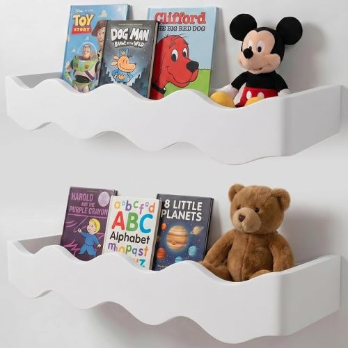 Ovalo Nursery Book Shelves Set of 2 - Solid Pine Wood Nursery Bookshelf, Floating Nursery Shelves for Wall, Wall Bookshelf for Kids Room, No-Assembly Wall Mounted Baby Book Shelf. (White)