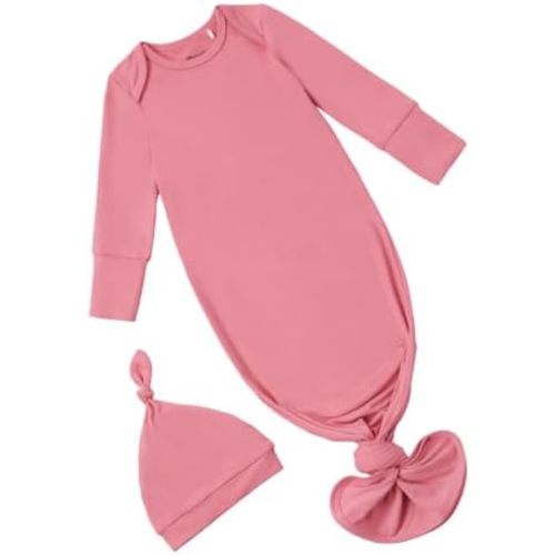 PATPAT Baby Sleeper Gown with Hat for Newborn, Knotted Baby Gown with Fold-Over Mittens for Infant Girl Boy Home Coming Gift