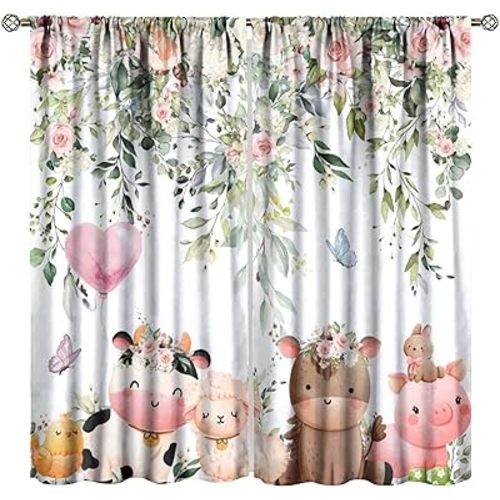 Cartoon Farm Animals Curtains for Kids, Rustic Farmhouse Green Botanical Herbs Flowers Cow Sheep Pig Print Window Treaments for Baby Boys Girls Bedroom, 42" W X 45" L