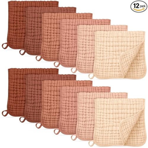 Unnivoll Muslin Burp Cloths for Baby 100% Cotton Burping Cloths for Boys Girls Large 20''X10'' Extra Soft and Absorbent 12 Pack - Gradient Caramel