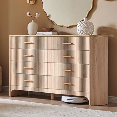 Fluted 8 Drawer Dresser for Bedroom with Curved Profile, Reeded Front Panels, 53.9” Wide Chest of Drawers Storage Cabinet with Smooth-Glide Drawers for Living Room, Light Oak