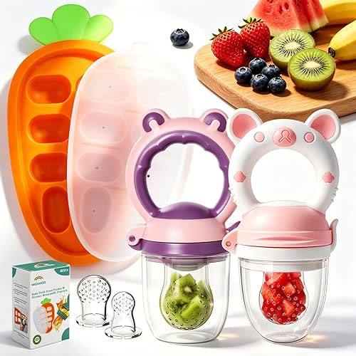 Baby Fruit Food Feeder - Fresh Food Feeder, Infant Fruit Teething Teether Toy for 4-24 Months, 2 Pack with 3 Stage Pouches and Freezer Tray for Babies (Purple Pink)