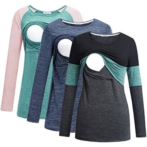 Bearsland Women's 3 Packs Maternity Clothes Long Sleeves Breastfeeding Shirts Nursing Top