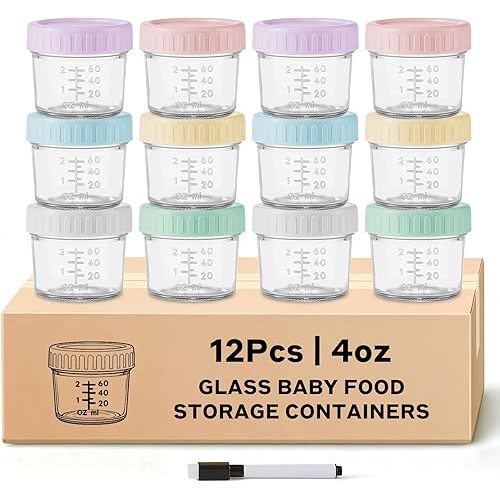 12 Pack Glass Baby Food Containers 4 oz Glass Baby Food Jars with Lids Baby Food Maker Small Baby Food Storage Containers Microwave Dishwasher Freezer Safe 100% Leak Proof BPA Free Reusable