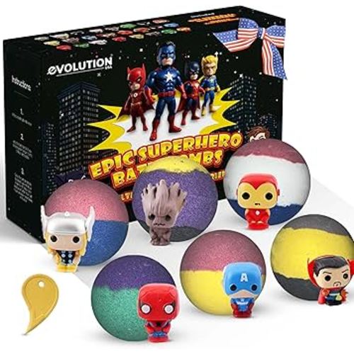 EvolutionUSA 6pc Epic Superhero Bath Bombs for Kids – Childrens Super Hero Bath Bombs with Toy, Organic Bathbomb with Surprise, Fizzy Superhero Bath Balls, Lush Bathbombs Easter, Valentines, Birthday