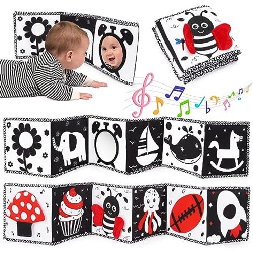 Black and White High Contrast Toys for Baby 0-3 3-6 months Infant Tummy Time Soft Book Sensory Musical Toy 0-2-4-6 month Babies Brain Development Crinkle Book Mirror Newborn Shower Gifts Boys Girls