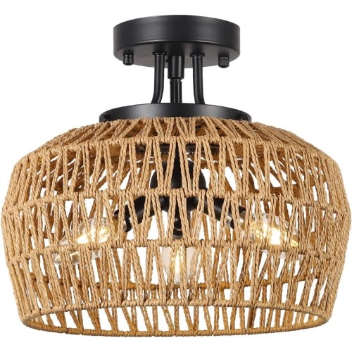 Forclover Flush Mount Lighting 12.6-in Brown Indoor 3 -Light Flush Mount Light with Rattan Shade
