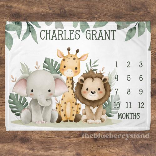 Safari Animal Milestone Blanket Personalized Baby Shower Gift Monthly Blanket for Baby Boy Month Blanket Growth Chart Custom Newborn Gift