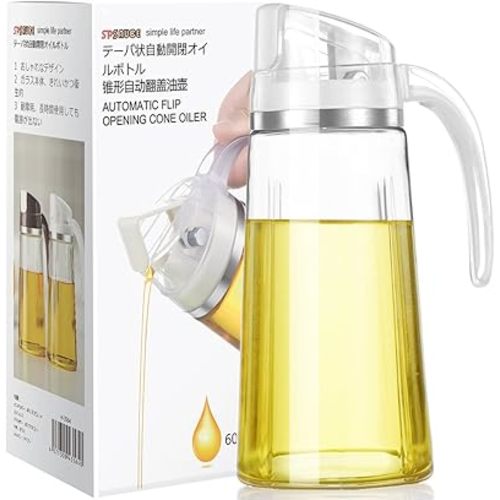 Marbrasse Oil Dispenser for Kitchen,20 OZ /600ml Leakproof Glass Oil Bottle with Auto Flip Cap,Olive Oil Container for Kitchen Cooking (White)