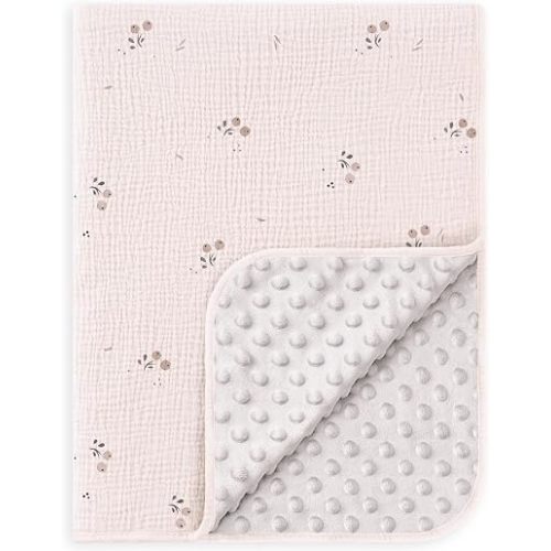 Susurration Baby Blanket for Unisex Boys Girls, Soft Nursery Minky Blanket with Muslin Cotton Front and Dotted Fleece Back, Receiving Blanket for Baby Newborn Infant, 30x40inch